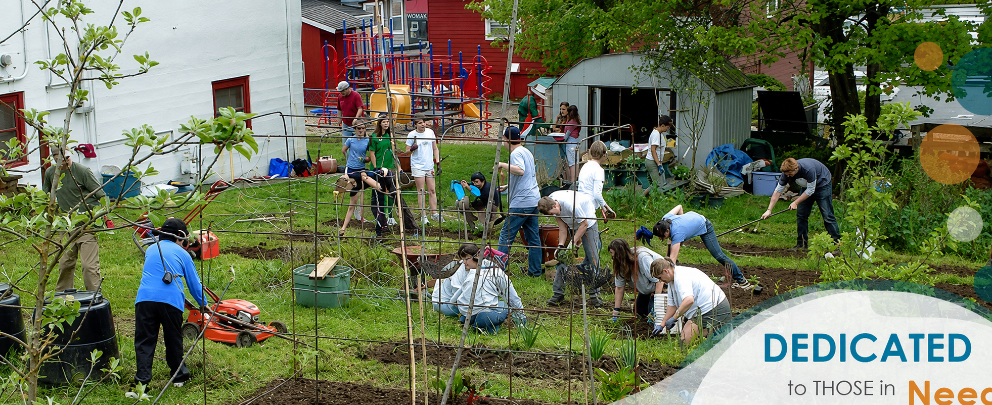 Volunteers working together in a community garden